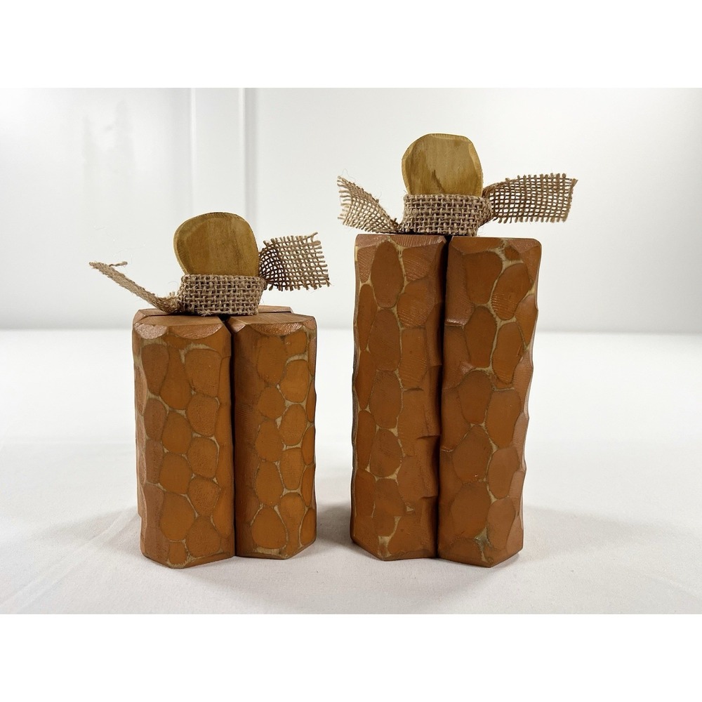 Rustic Primitive Carved Wood Pumpkins Set 2 Fall Halloween Farmhouse Decor Block